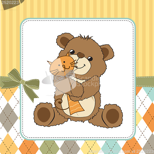 Image of childish greeting card with teddy bear and his toy