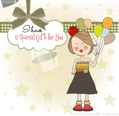 Image of Funny girl with balloon, birthday greeting card