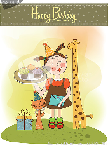 Image of Happy Birthday card with funny girl, animals and cupcakes