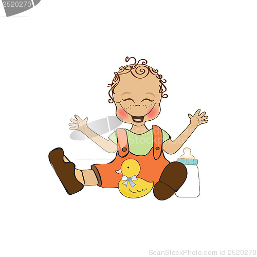 Image of baby boy playing with his duck toy, welcome baby card