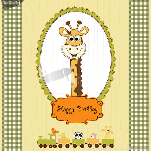 Image of birthday greeting card with giraffe and animals train