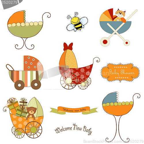 Image of baby stroller items set in vector format isolated on white backg