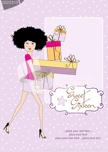 Image of birthday card - pretty young lady with arms full of gifts