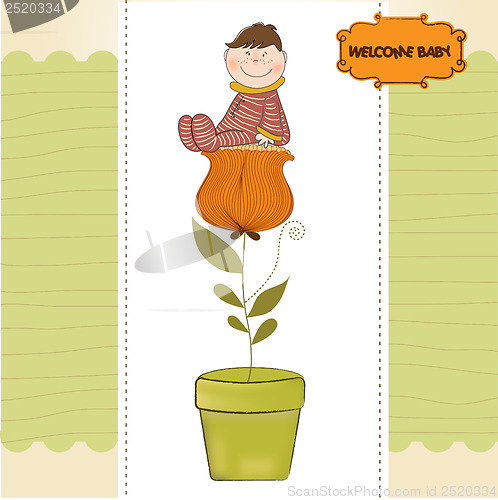 Image of greeting card with a baby sitting on a flower