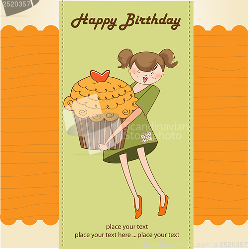 Image of Happy Birthday card with girl and cup cake