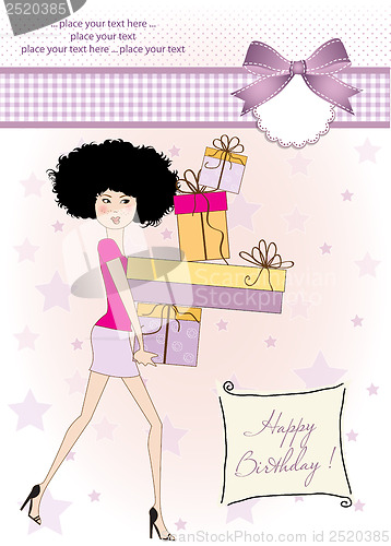 Image of birthday card - pretty young lady with arms full of gifts