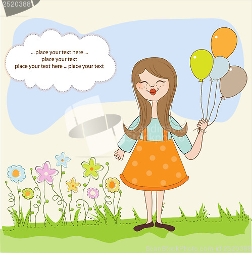 Image of Funny girl with balloon, birthday greeting card