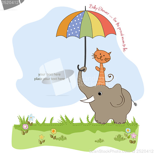 Image of baby shower card with funny elephant and little cat under umbrel