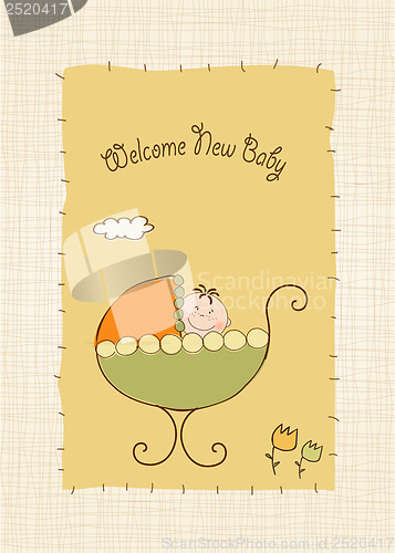 Image of baby boy announcement card with baby and pram