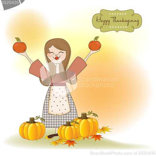 Image of autumn girl with apples and pumpkins