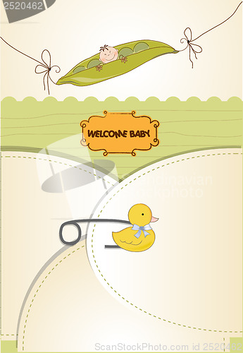 Image of little boy sleeping in a pea been, baby announcement card