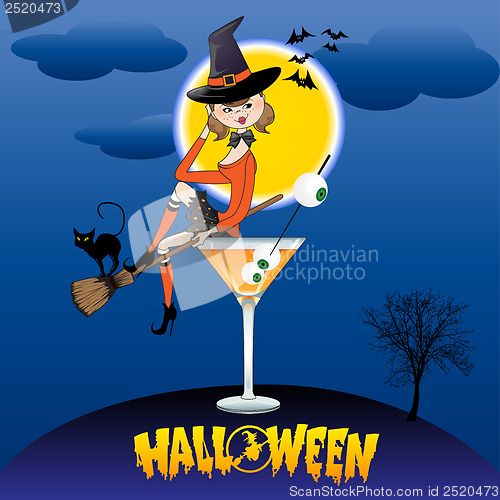 Image of sexy witch sits in a glass of poison