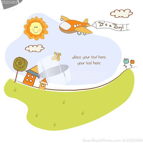 Image of new baby announcement card with airplane