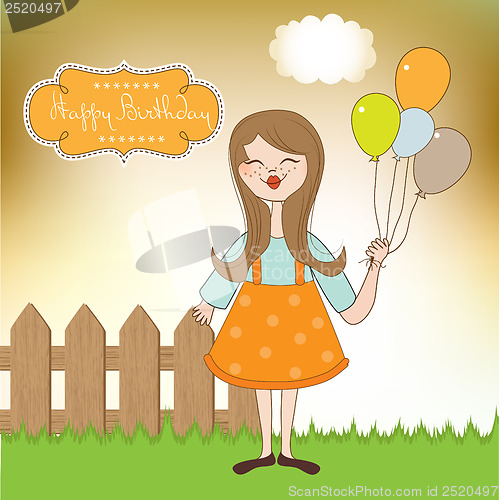 Image of Funny girl with balloon, birthday greeting card