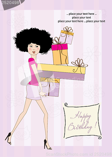 Image of birthday card - pretty young lady with arms full of gifts