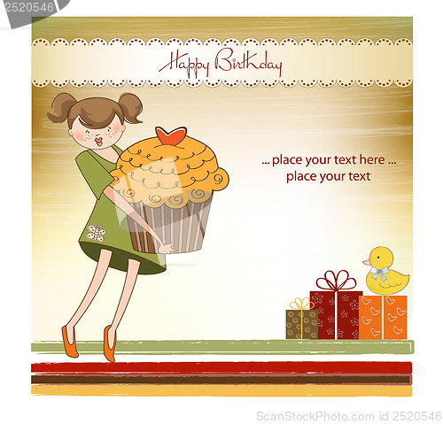 Image of Happy Birthday card with girl and cup cake