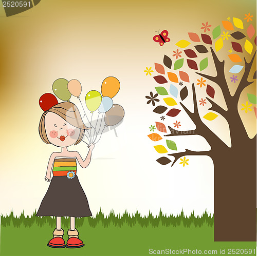 Image of Funny girl with balloon, birthday greeting card