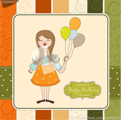 Image of Funny girl with balloon, birthday greeting card