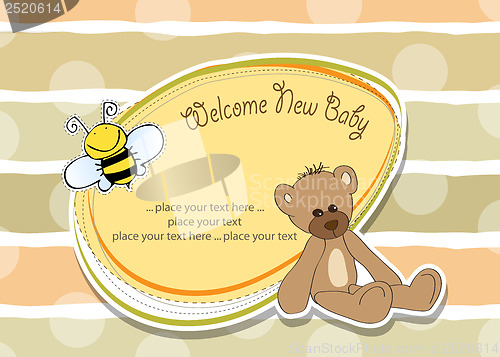 Image of baby shower card with teddy bear toy