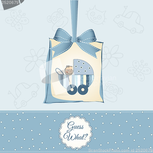 Image of baby boy announcement card with baby and pram