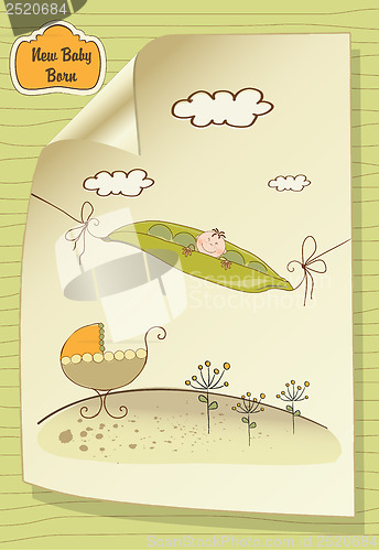 Image of little boy sleeping in a pea been, baby announcement card