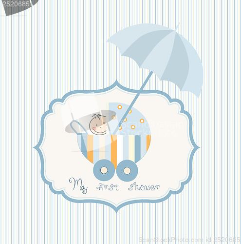 Image of baby boy announcement card with baby and pram