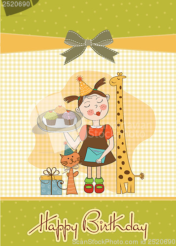 Image of Happy Birthday card with funny girl, animals and cupcakes