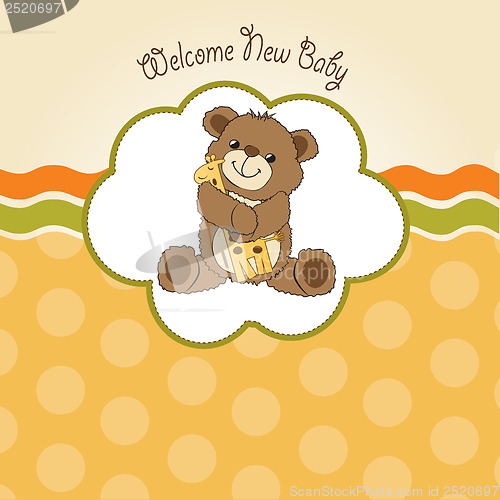 Image of baby shower card with teddy bear and his toy