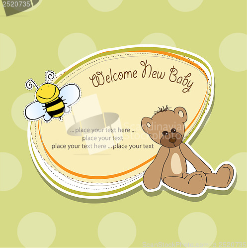 Image of baby shower card with teddy bear toy