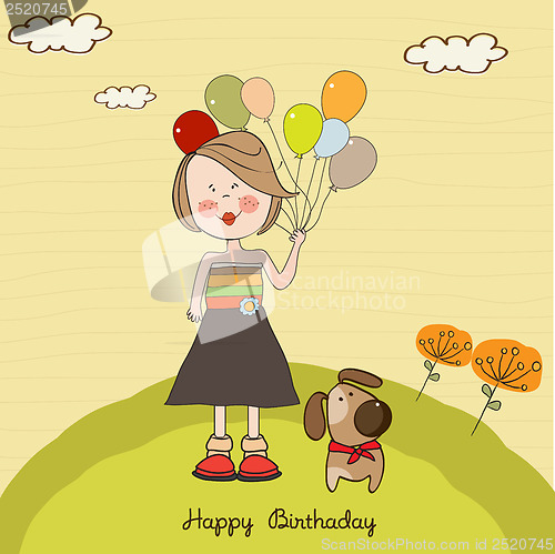 Image of Funny girl with balloon, birthday greeting card