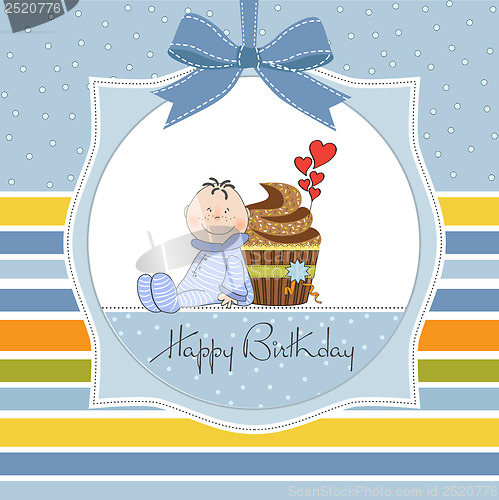 Image of birthday greeting card with cupcake and little baby