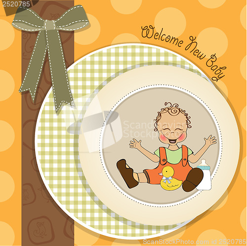 Image of baby boy playing with his duck toy, welcome baby card