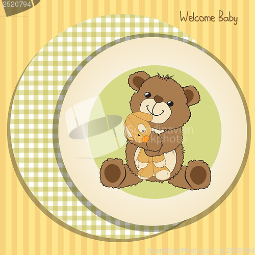 Image of baby shower card with teddy bear and his toy