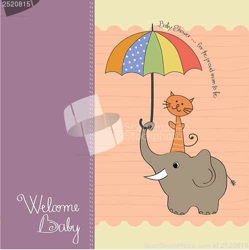 Image of baby shower card with funny elephant and little cat under umbrel