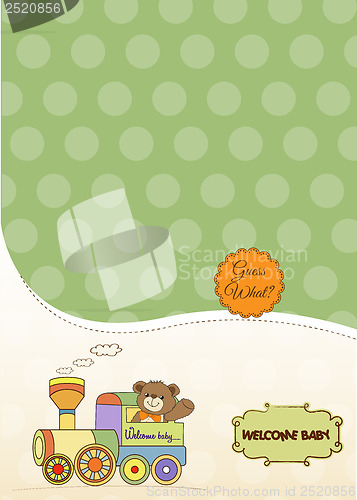 Image of baby shower card with teddy bear and train toy