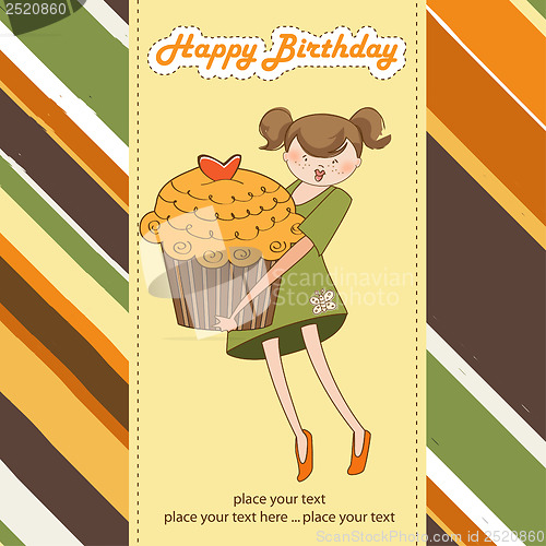 Image of Happy Birthday card with girl and cup cake