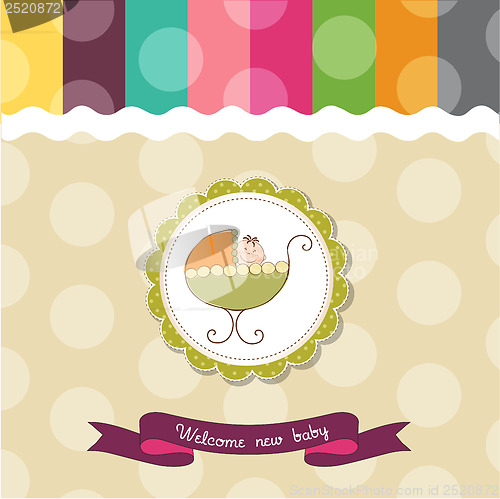 Image of baby boy announcement card with baby and pram