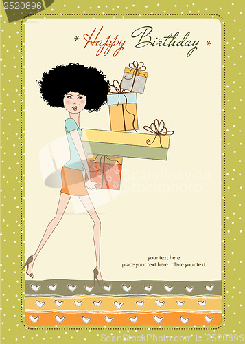 Image of birthday card - pretty young lady with arms full of gifts
