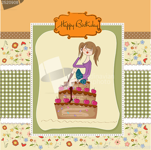 Image of sexy young woman sitting on a big cake