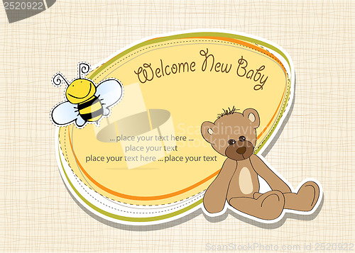 Image of baby shower card with teddy bear toy