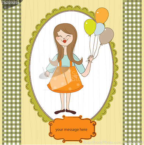 Image of Funny girl with balloon, birthday greeting card