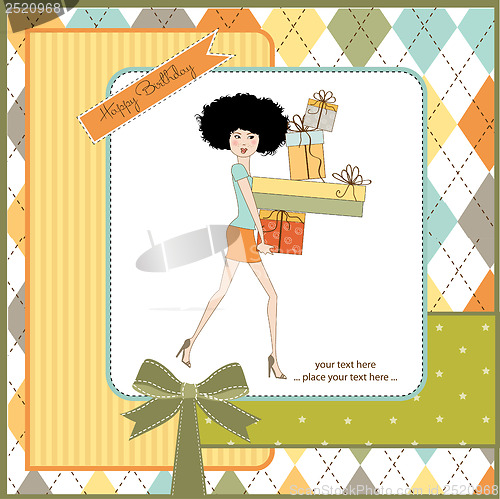 Image of birthday card - pretty young lady with arms full of gifts