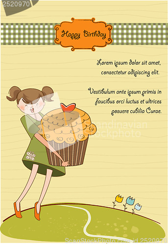 Image of Happy Birthday card with girl and cup cake