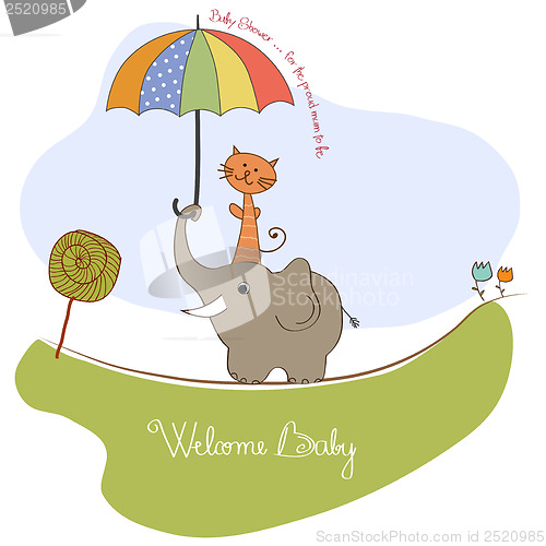 Image of baby shower card with funny elephant and little cat under umbrel