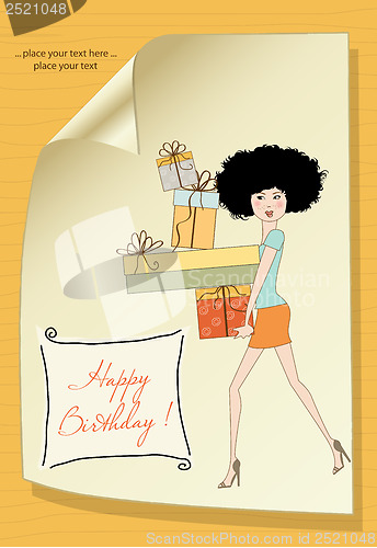 Image of birthday card - pretty young lady with arms full of gifts