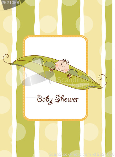 Image of little boy sleeping in a pea been, baby announcement card