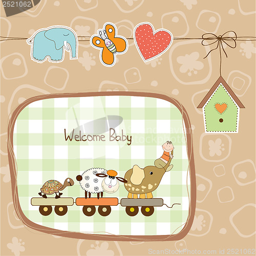 Image of new baby announcement card with animal's train