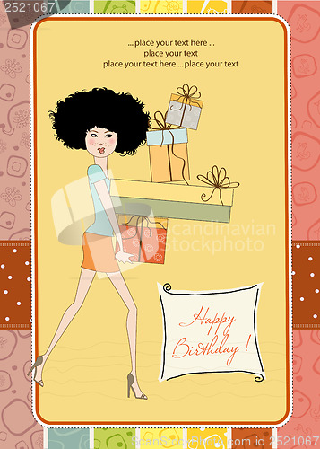 Image of birthday card - pretty young lady with arms full of gifts