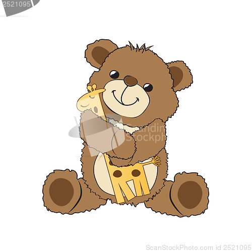 Image of teddy bear playing with his toy, a giraffe