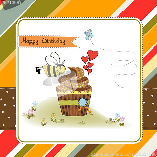 Image of birthday greeting card with cupcake and funny bee